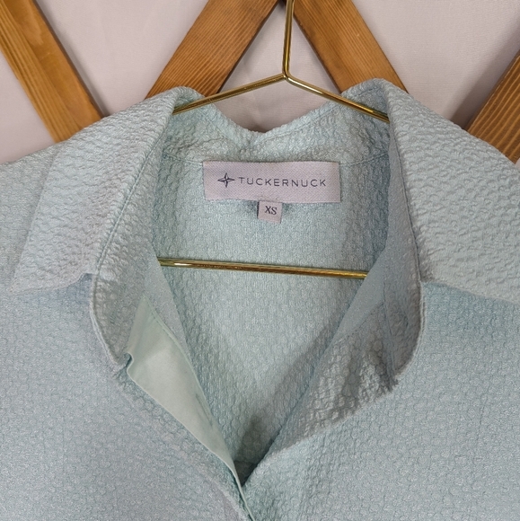 Tuckernuck Adele Sea Glass Textured Pleated Swing Back Button Up Blouse Top - Picture 7 of 10